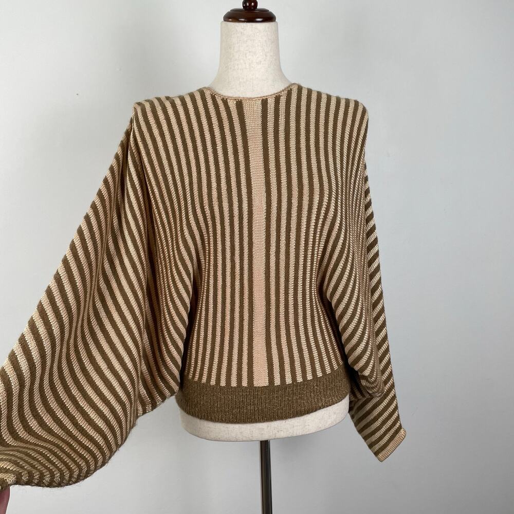 90s Vintage Epin Hand Loomed Sweater Womens S Brown Striped Wide Dolman Sleeves - Picture 5 of 14